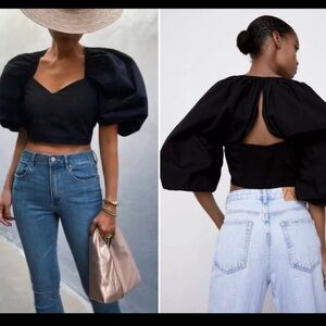 COPY - Zara BNWT Sweetheart Neckline Black Poplin Cropped Top Large Bloggers Fa…